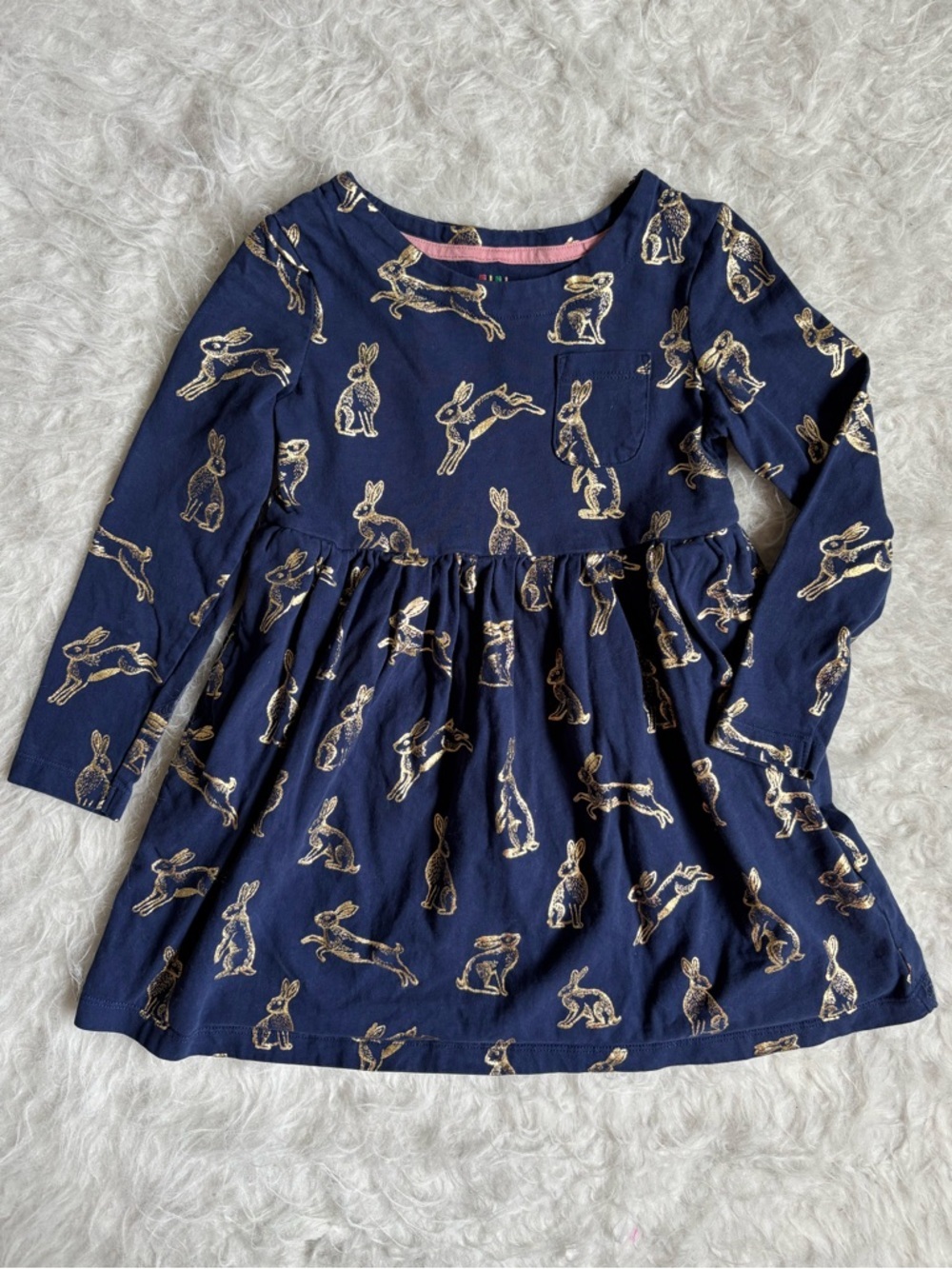 Mini Boden Girls Navy Dress with Shimmery Gold Bunny AOP